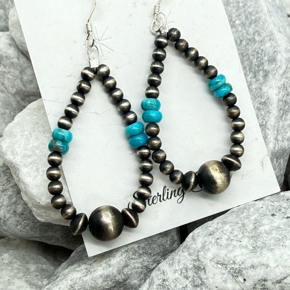 Sterling Silver Navajo Pearl Turquoise Dangle Earrings 2” Southwest Style - Picture 10 of 11
